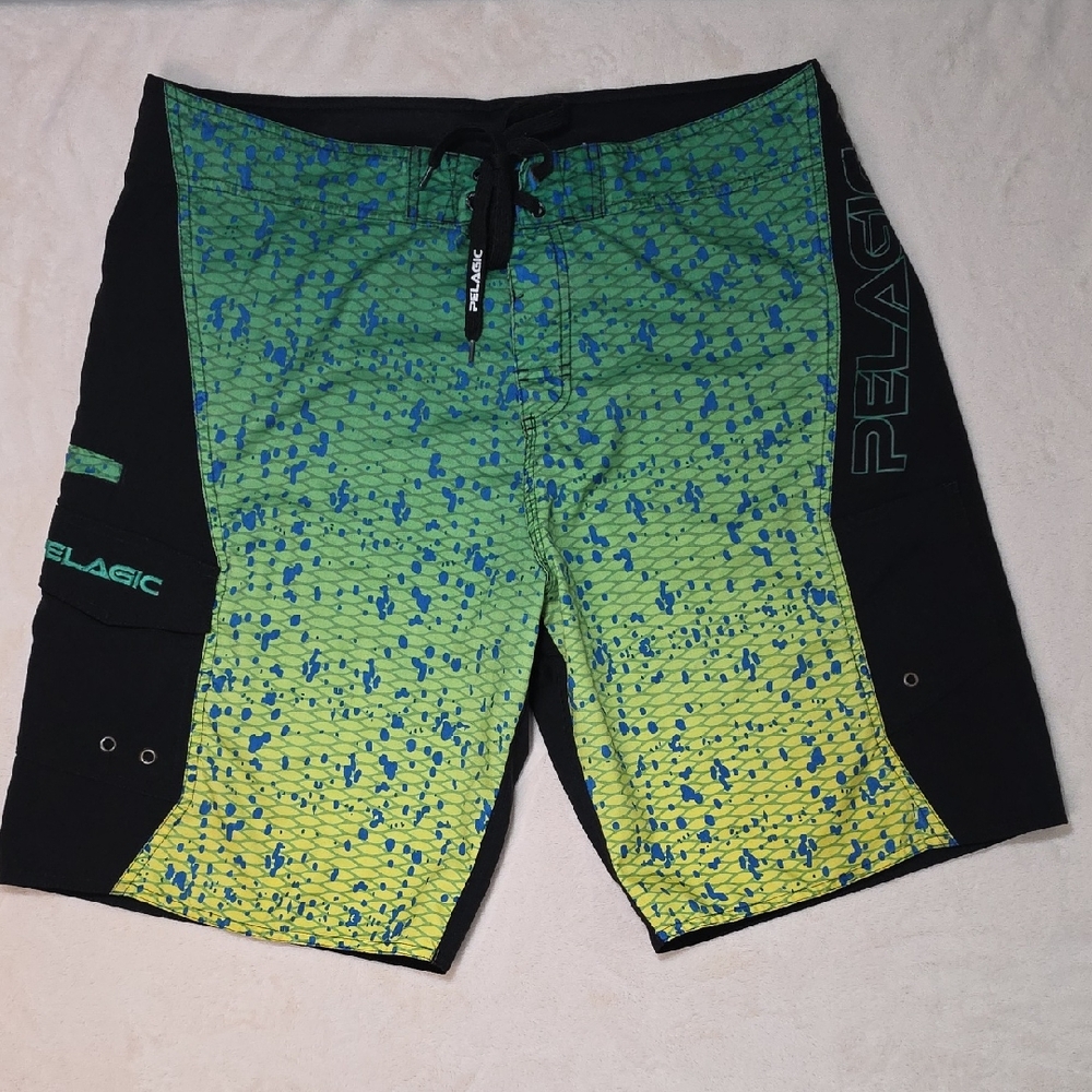 Pelagic Black and Green Yellow‎ Men's Board Swimming Surf Shorts Size 38